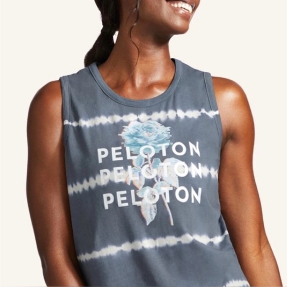 Peloton Tops - Peloton Tie-Dye Studio Side Slit Muscle Tank in Grey with a Rose Graphic